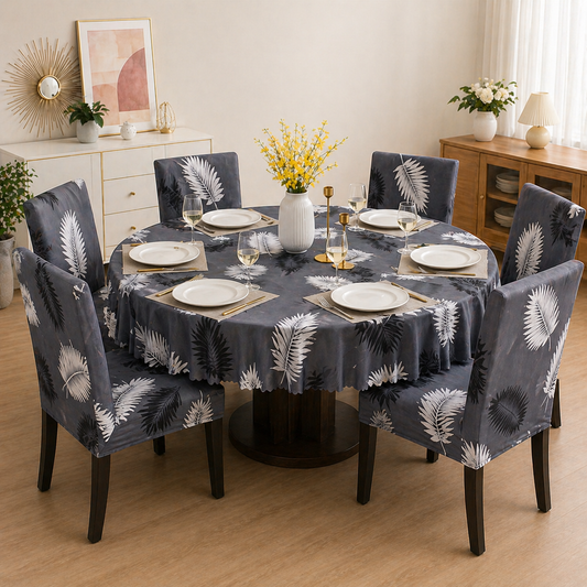 Charcol Fern Round Table & Chair Cover – Stretchable, Dustproof & Machine Washable