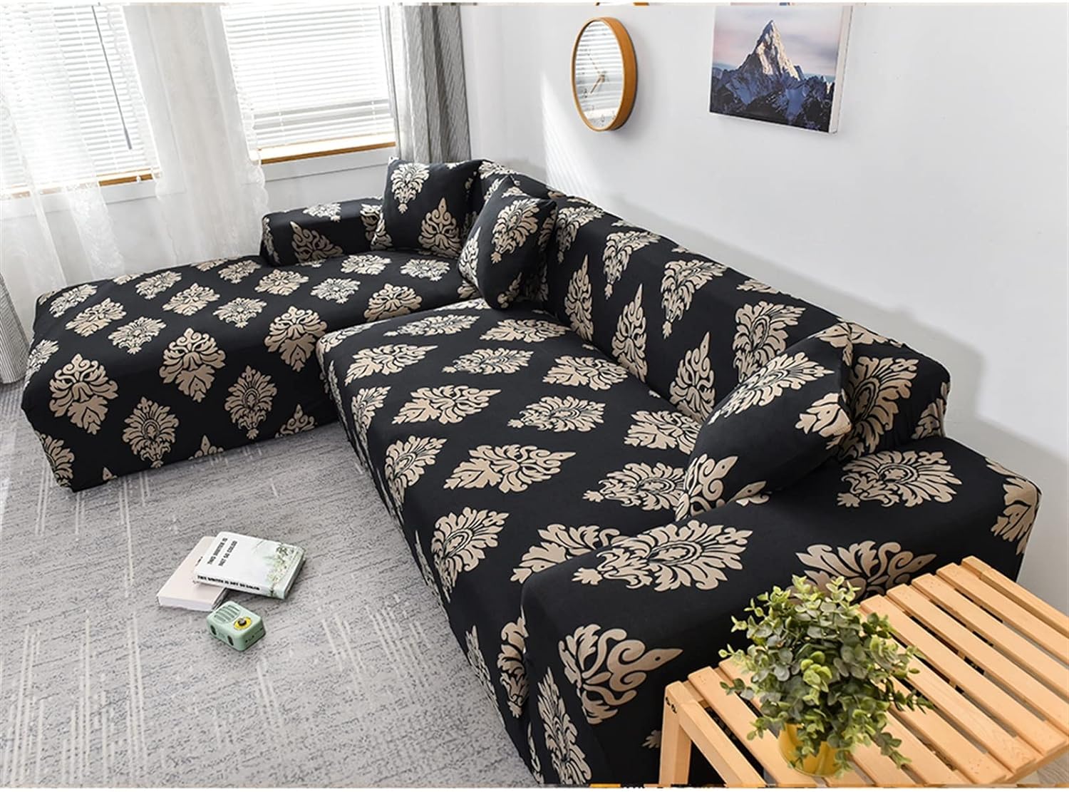 L-Shape Sofa Cover - Black Brocade