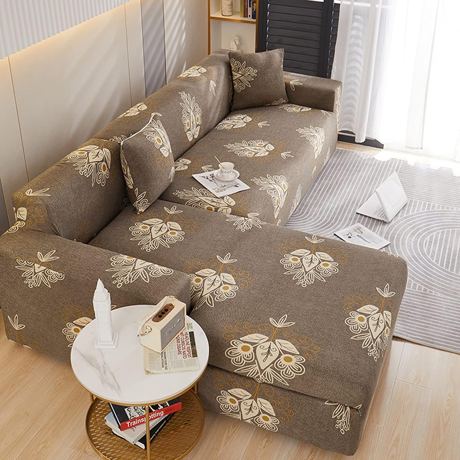 L-Shape Sofa Cover - Beige Brocade