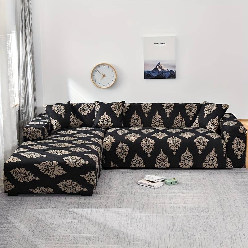L-Shape Sofa Cover - Black Brocade