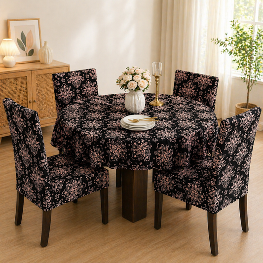 Black Brocade Round Table & Chair Cover – Stretchable, Dustproof & Machine Washable