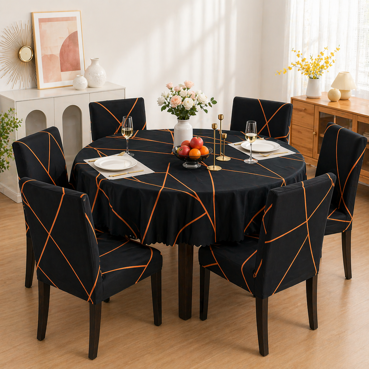 Prism Gold Round Table & Chair Cover – Stretchable, Dustproof & Machine Washable