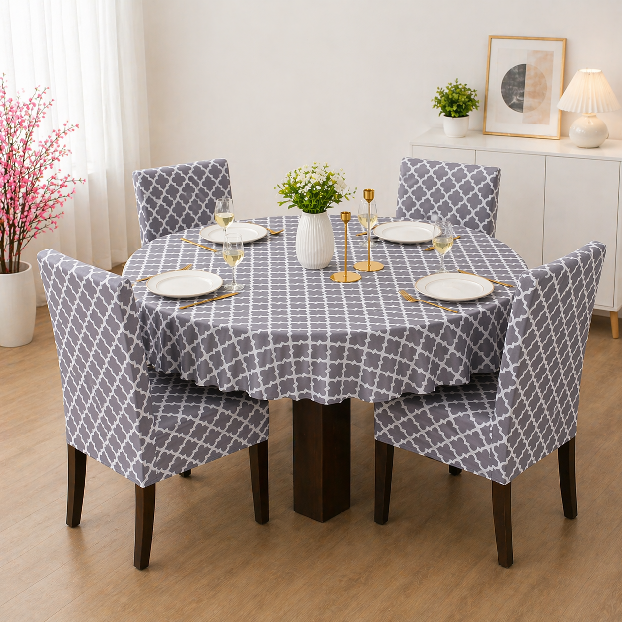Grey Diamond Round Table & Chair Cover – Stretchable, Dustproof & Machine Washable
