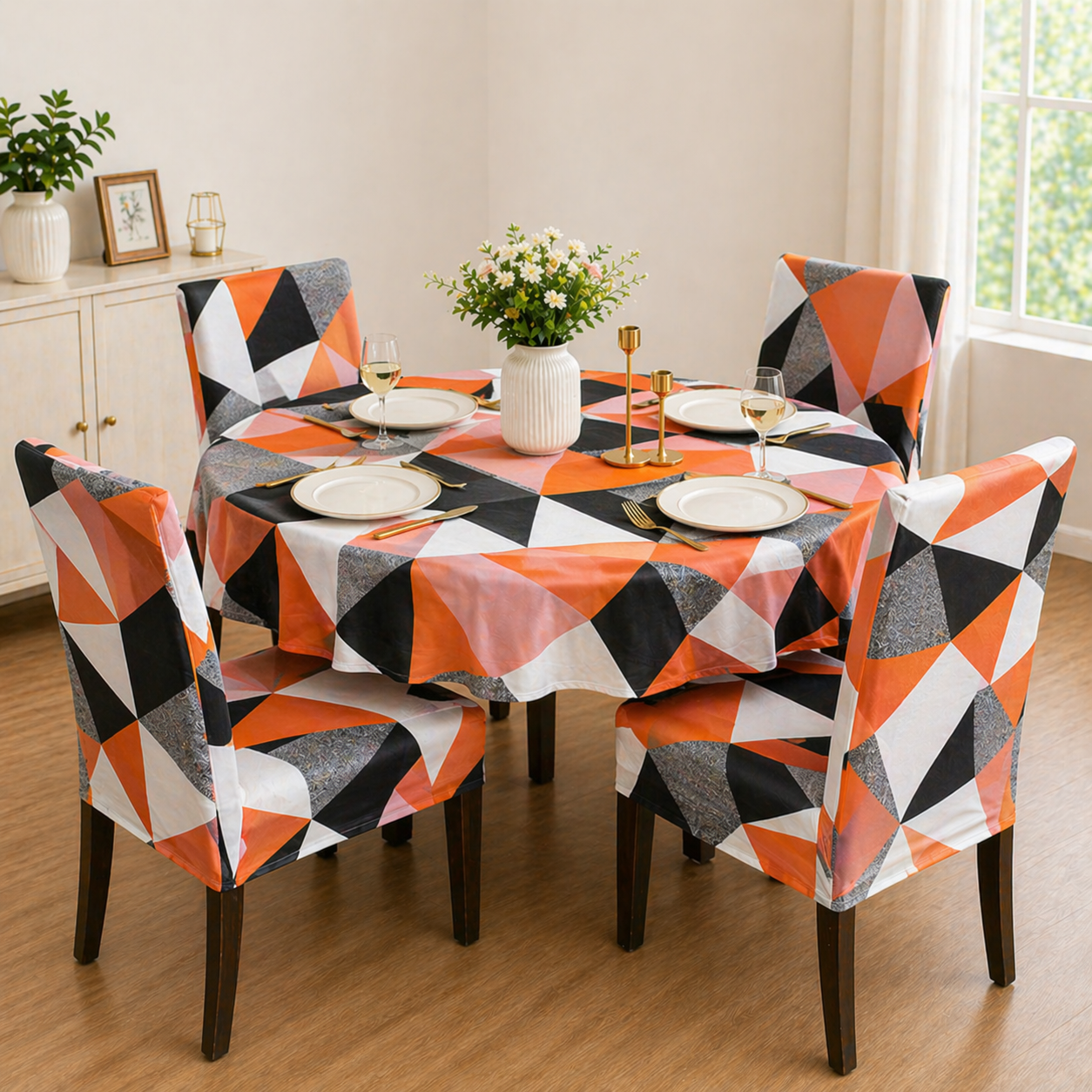 Prism Orange Round Table & Chair Cover – Stretchable, Dustproof & Machine Washable