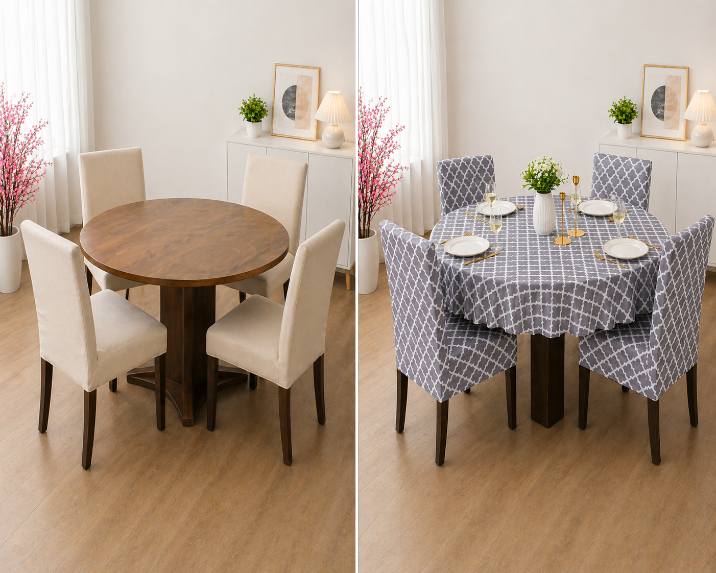 Grey Diamond Round Table & Chair Cover – Stretchable, Dustproof & Machine Washable