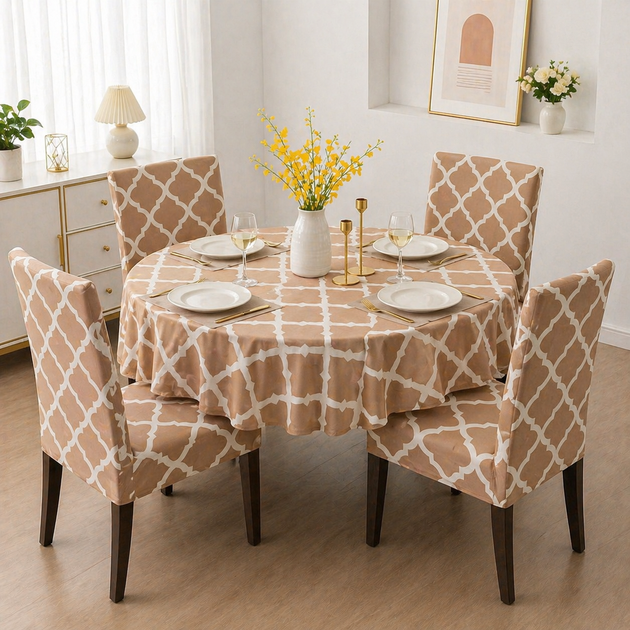 Cream Diamond Round Table & Chair Cover – Stretchable, Dustproof & Machine Washable