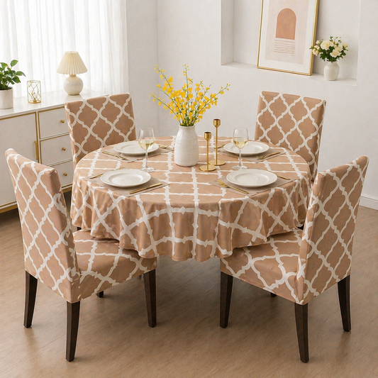 Cream Diamond Round Table & Chair Cover – Stretchable, Dustproof & Machine Washable