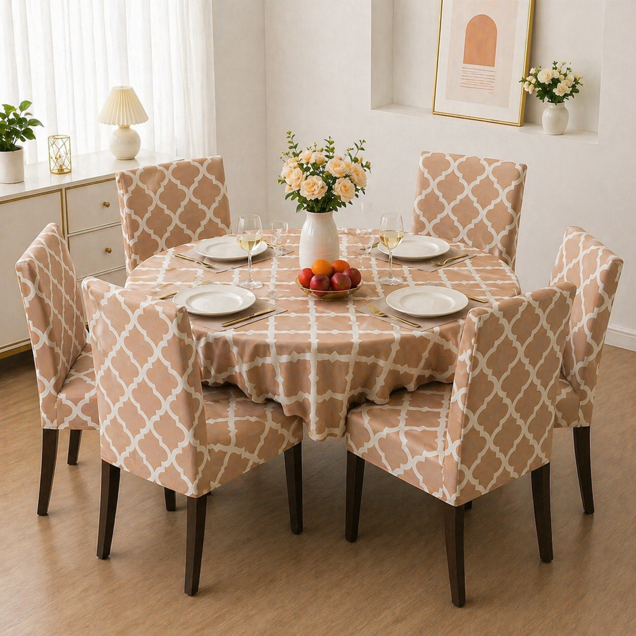 Cream Diamond Round Table & Chair Cover – Stretchable, Dustproof & Machine Washable