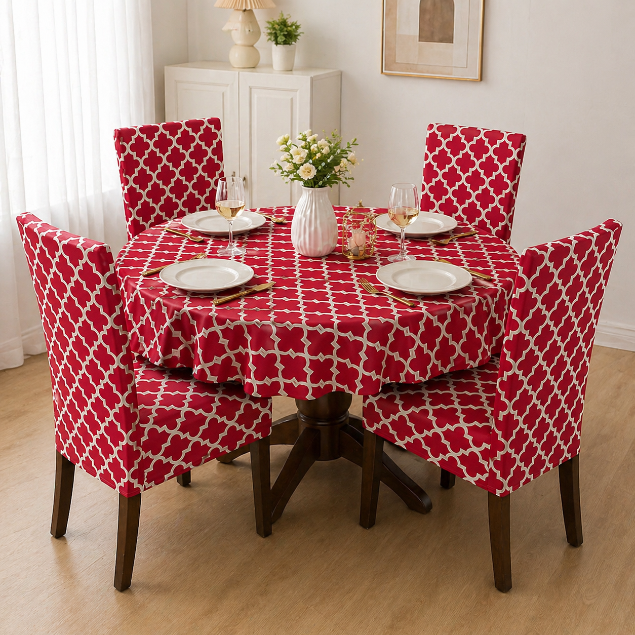 Red Diamond Round Table & Chair Cover – Stretchable, Dustproof & Machine Washable