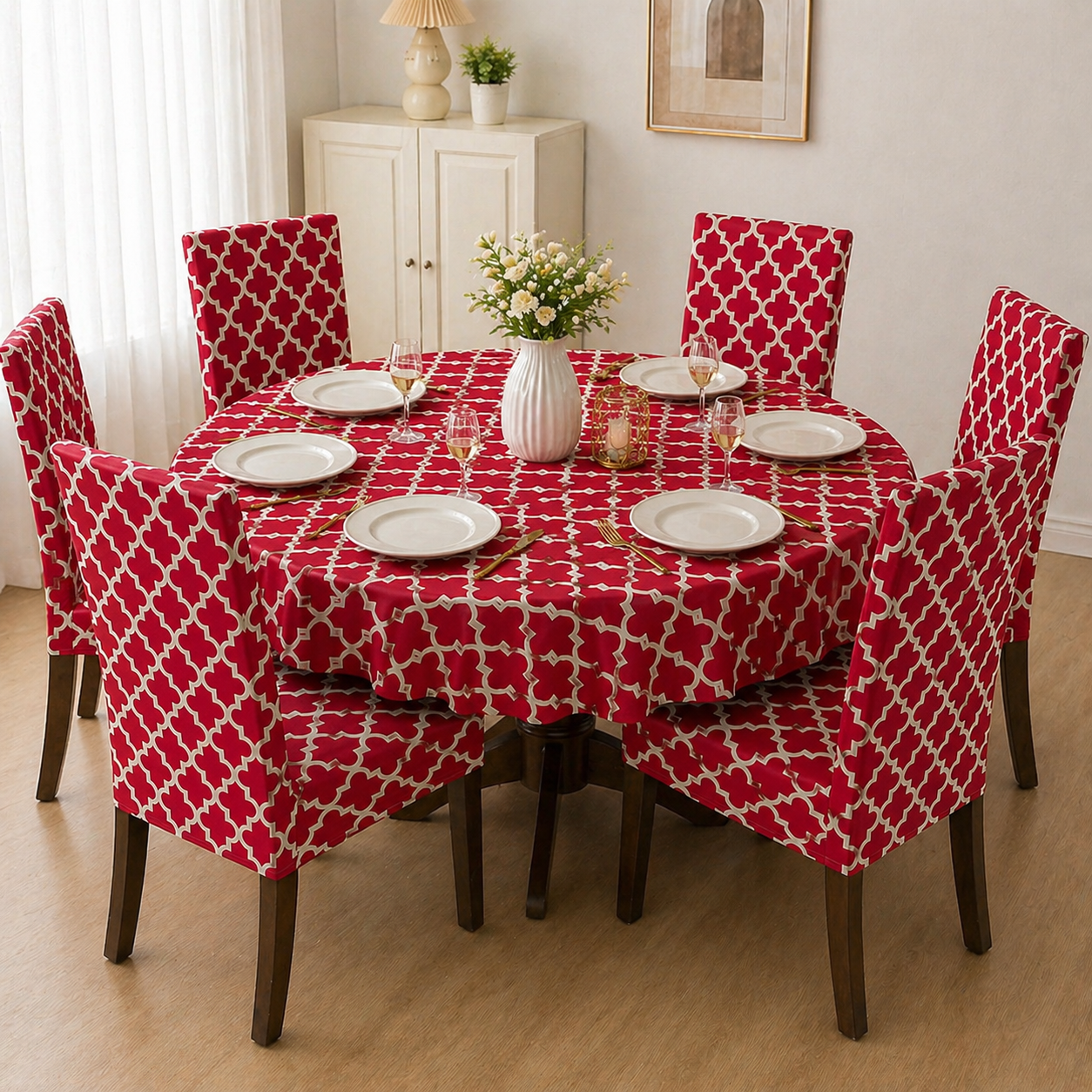 Red Diamond Round Table & Chair Cover – Stretchable, Dustproof & Machine Washable