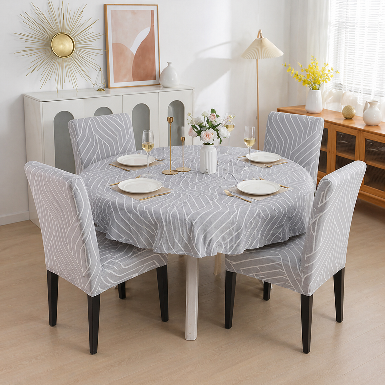 Grey Line Round Table & Chair Cover – Stretchable, Dustproof & Machine Washable