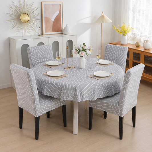 Grey Line Round Table & Chair Cover – Stretchable, Dustproof & Machine Washable