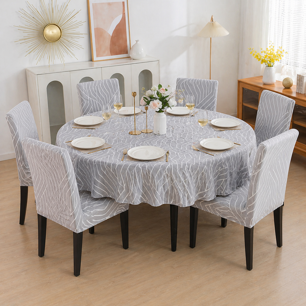 Grey Line Round Table & Chair Cover – Stretchable, Dustproof & Machine Washable