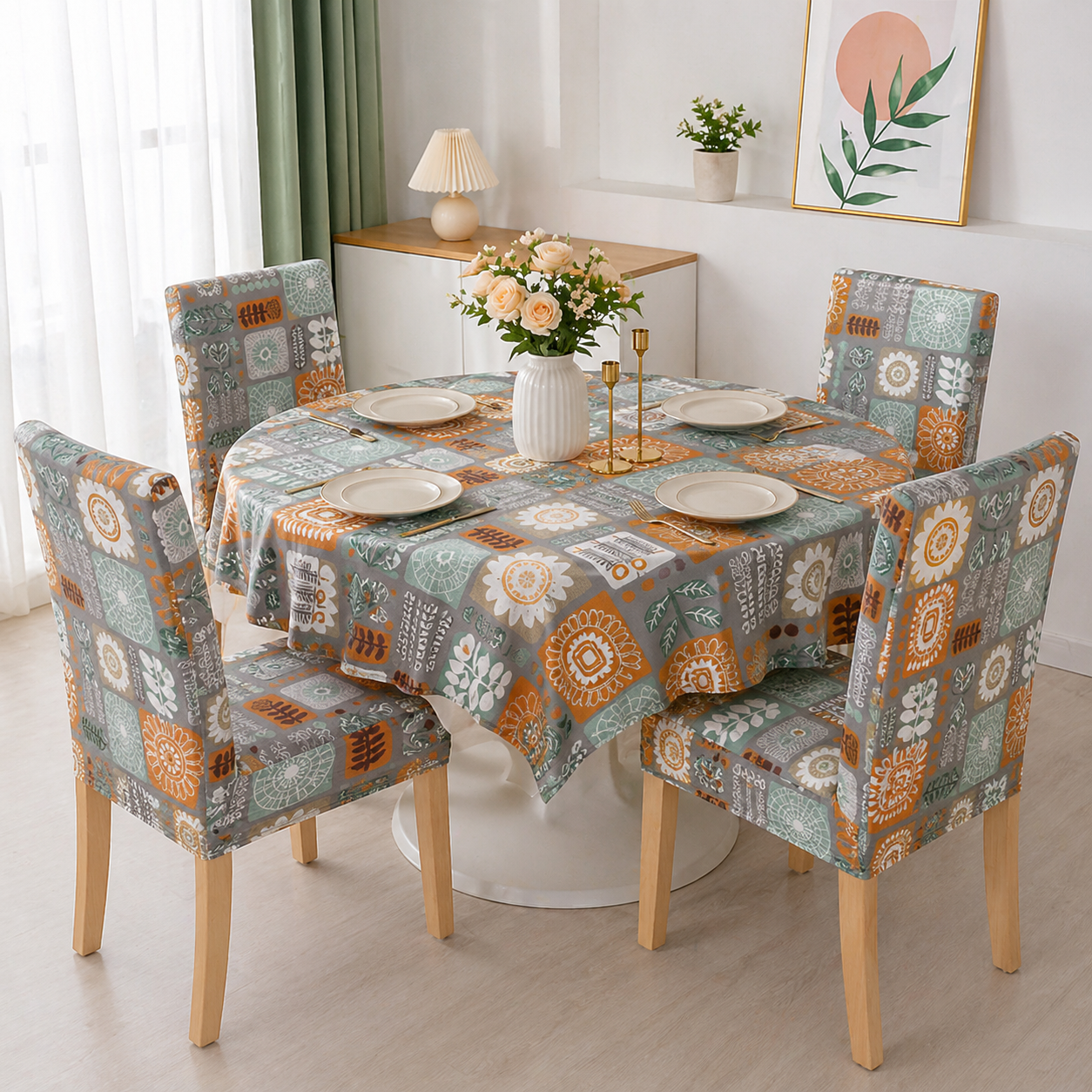 Square Art Round Table & Chair Cover – Stretchable, Dustproof & Machine Washable