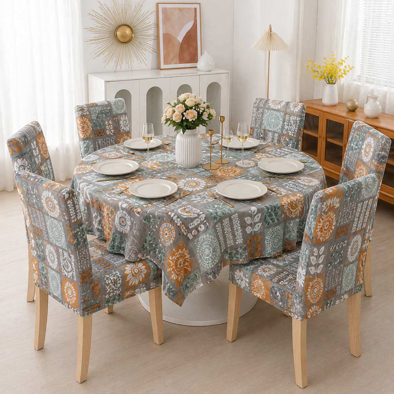 Square Art Round Table & Chair Cover – Stretchable, Dustproof & Machine Washable