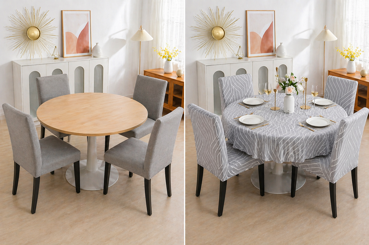 Grey Line Round Table & Chair Cover – Stretchable, Dustproof & Machine Washable