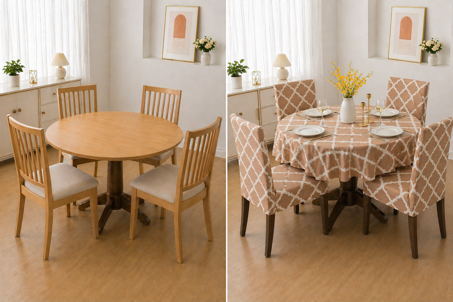 Cream Diamond Round Table & Chair Cover – Stretchable, Dustproof & Machine Washable