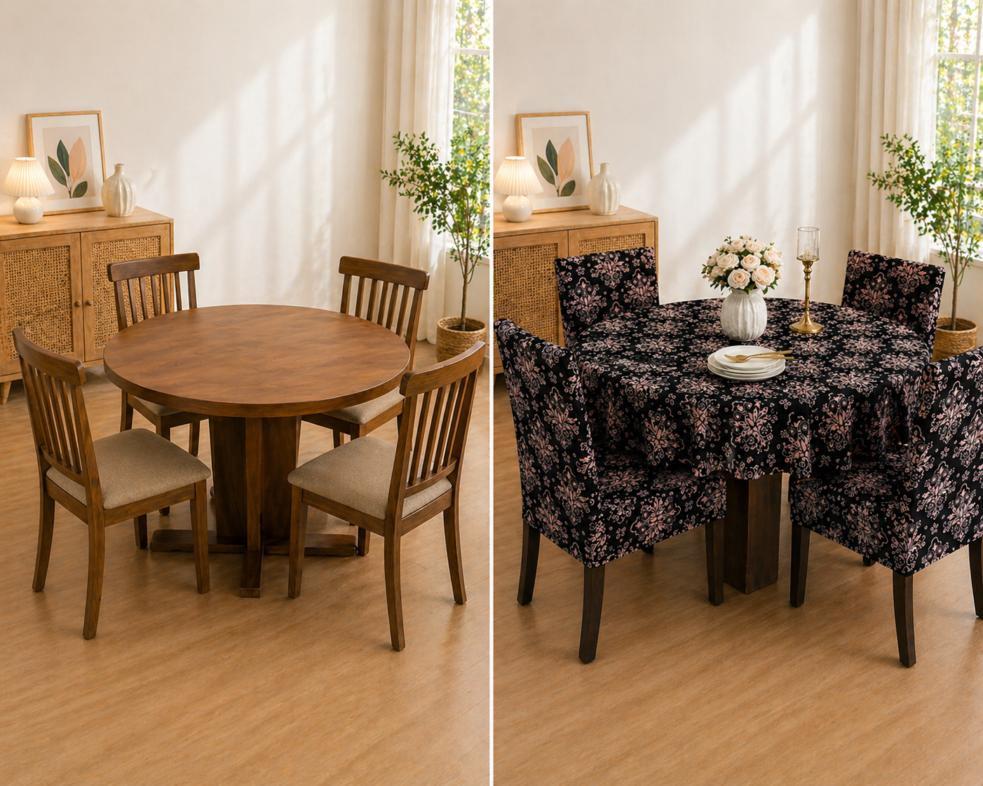 Black Brocade Round Table & Chair Cover – Stretchable, Dustproof & Machine Washable