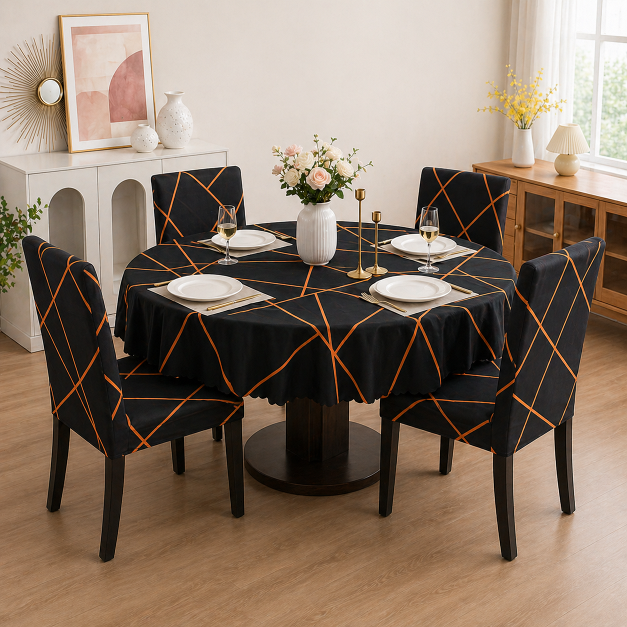 Prism Gold Round Table & Chair Cover – Stretchable, Dustproof & Machine Washable