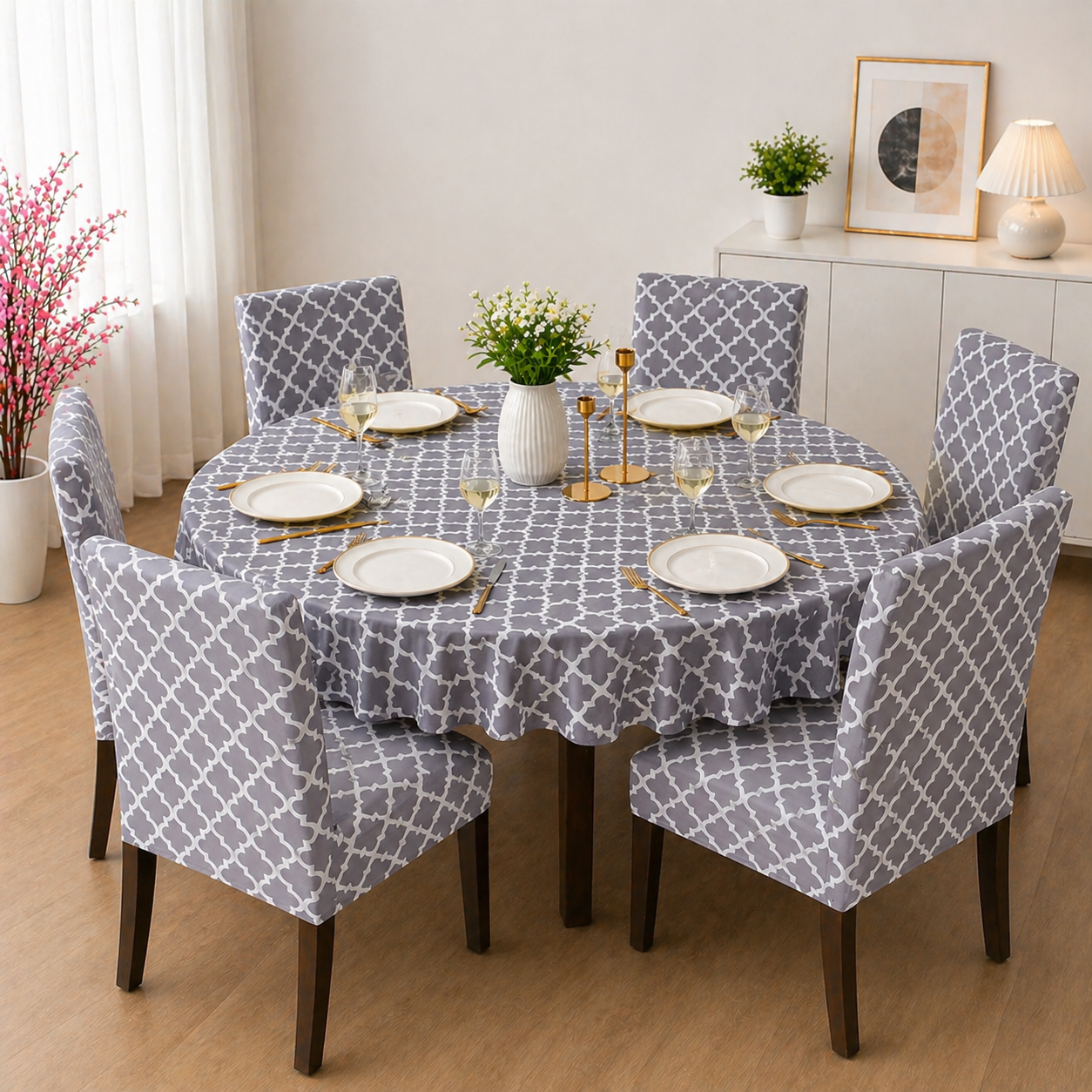 Grey Diamond Round Table & Chair Cover – Stretchable, Dustproof & Machine Washable