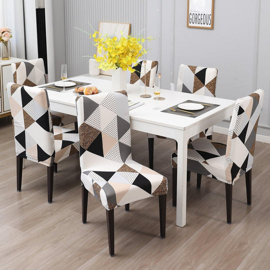 Geometric Brown Chair Covers - Stretchable, Dustproof, Water Resistant & Machine Washable